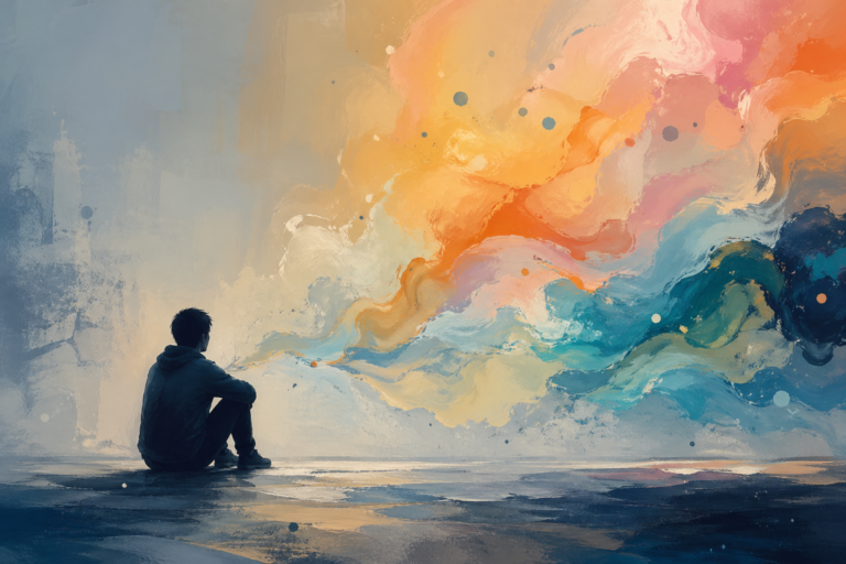 A person sits on the ground, gazing at a large, colorful swirling abstract artwork that fills the scene with warm and cool hues behind them.