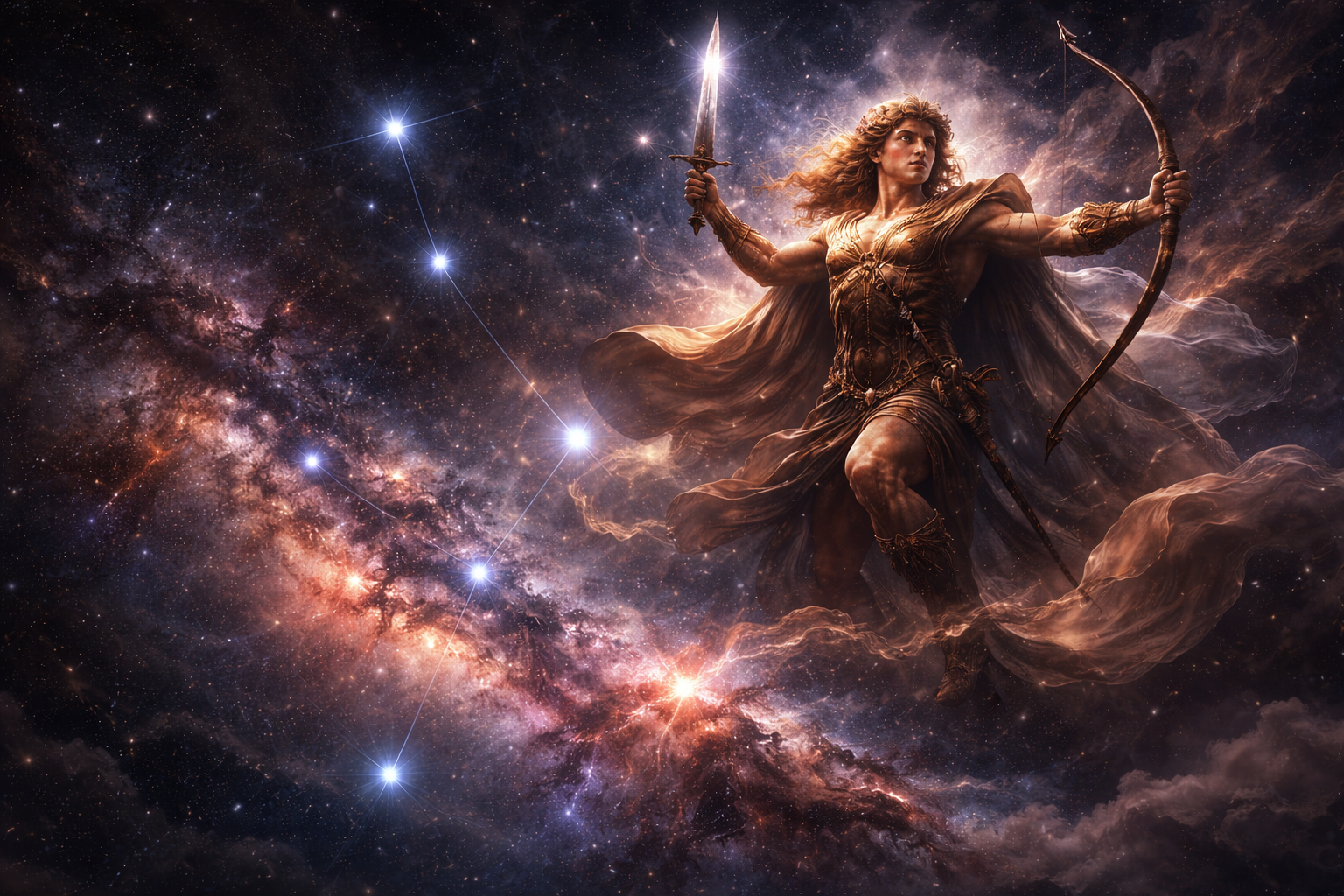 Bronze-armored female warrior in space, sword raised and a bow in hand, cape billowing amid a glowing nebula and stars.