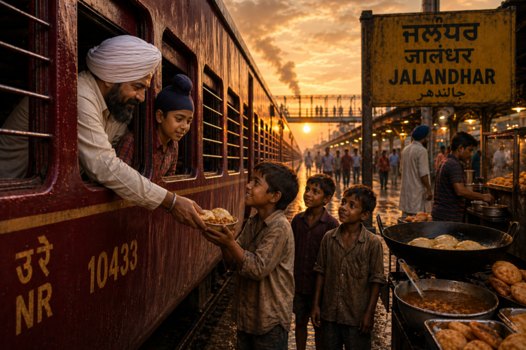 Sikh man in a white turban hands food to a smiling boy from a train window at Jalandhar station during sunset, with a food stall nearby.