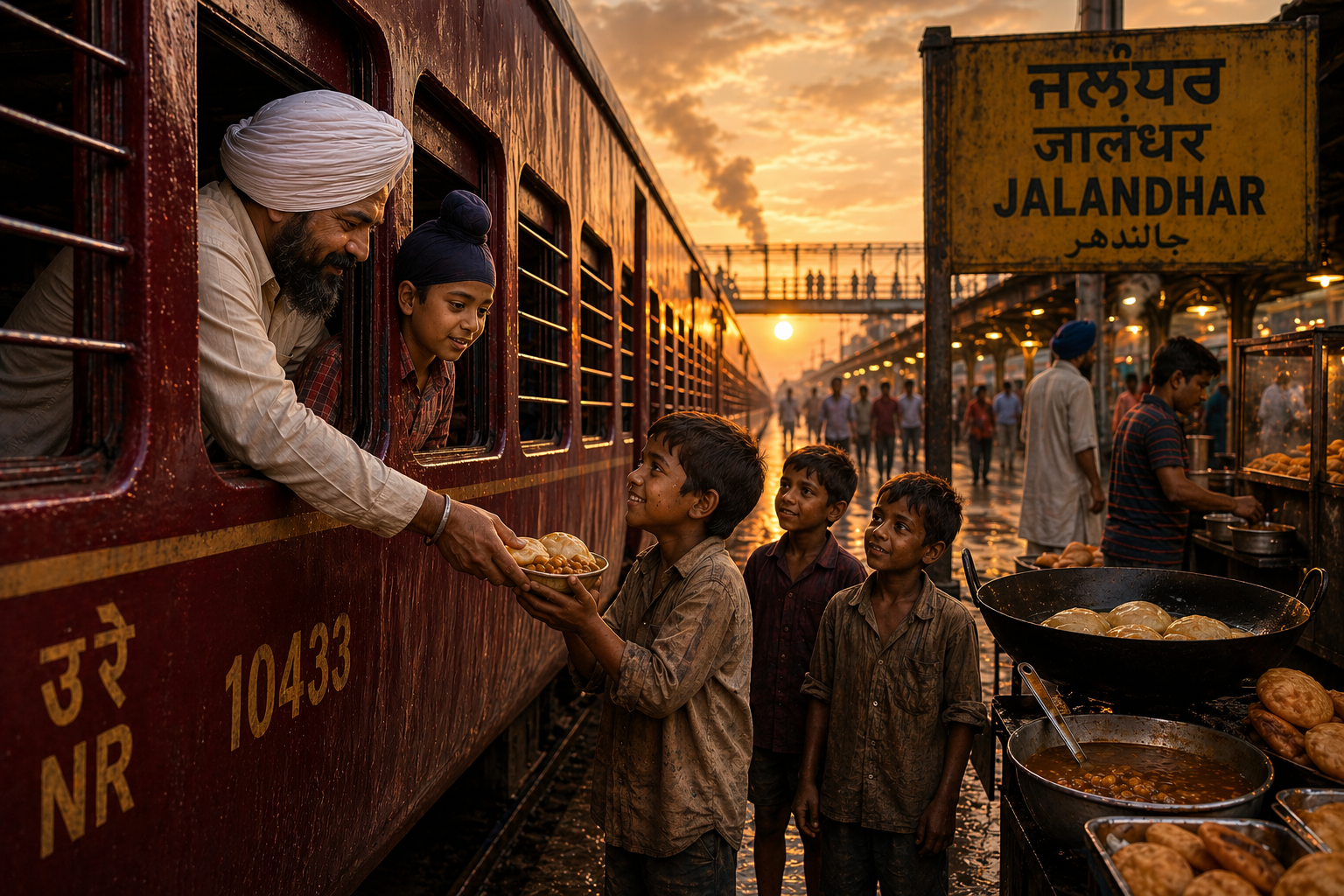 Sikh man in a white turban hands food to a smiling boy from a train window at Jalandhar station during sunset, with a food stall nearby.