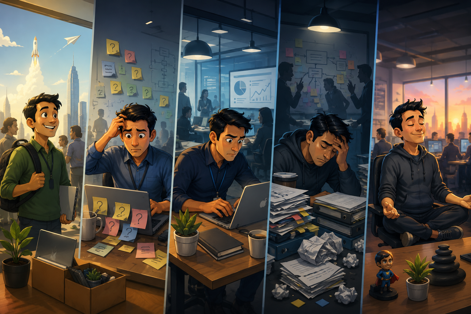 Four-panel illustration of a man’s workday: upbeat outside, stressed at a desk with sticky notes, overwhelmed by papers, then calm and meditating beside a superhero figurine nearby.
