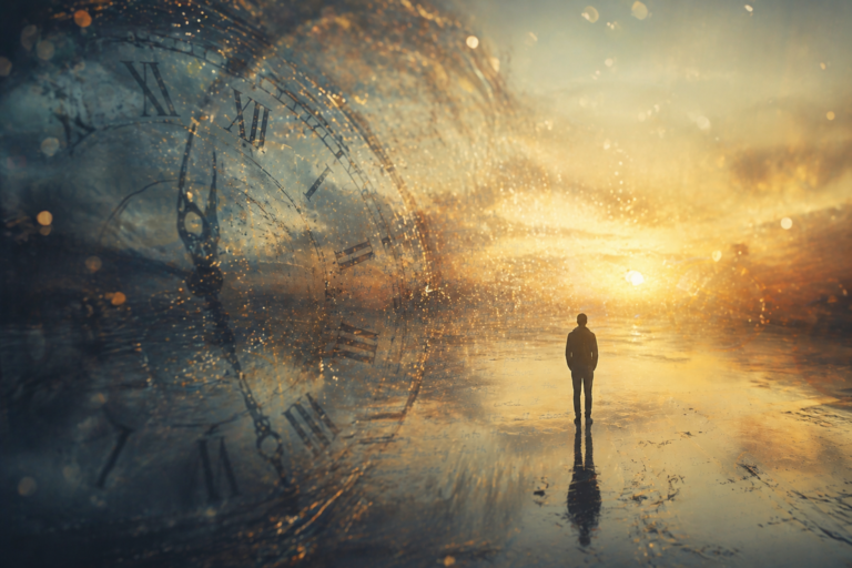 A lone man stands on a reflective shoreline as a giant clock overlay dissolves into a hazy sunset.
