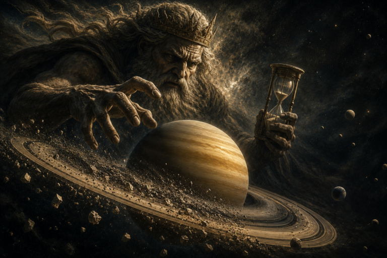 Ancient crowned giant in space reaches toward a ringed planet while holding an hourglass, among stars and debris.