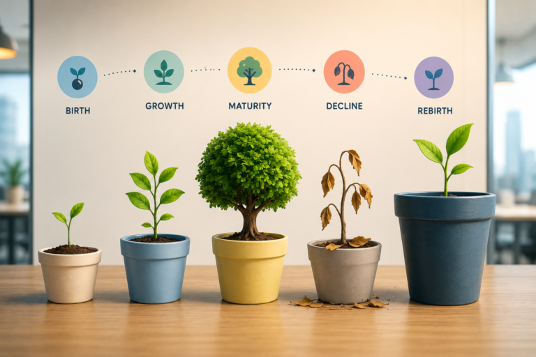 Row of five pots showing plant growth stages from seedling to healthy tree, with a wall chart labeled Birth, Growth, Maturity, Decline, Rebirth above.
