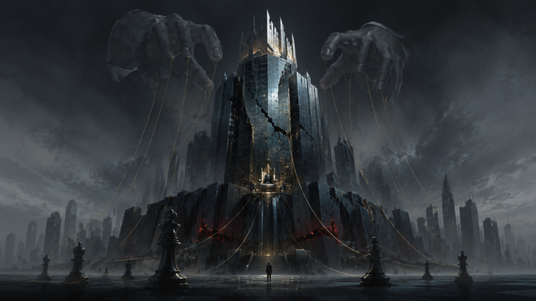 Dark, colossal fortress with a shattered glass tower, large ghostly hands looming above and golden ropes connected to the structure, a lone figure at the steps.