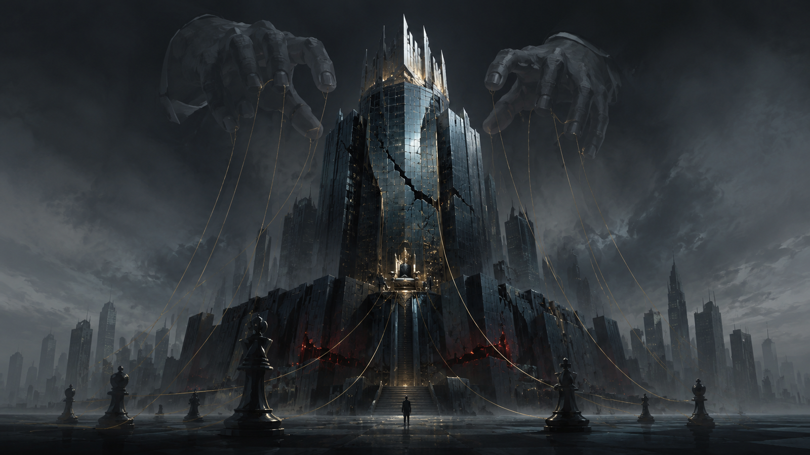 Dark, colossal fortress with a shattered glass tower, large ghostly hands looming above and golden ropes connected to the structure, a lone figure at the steps.