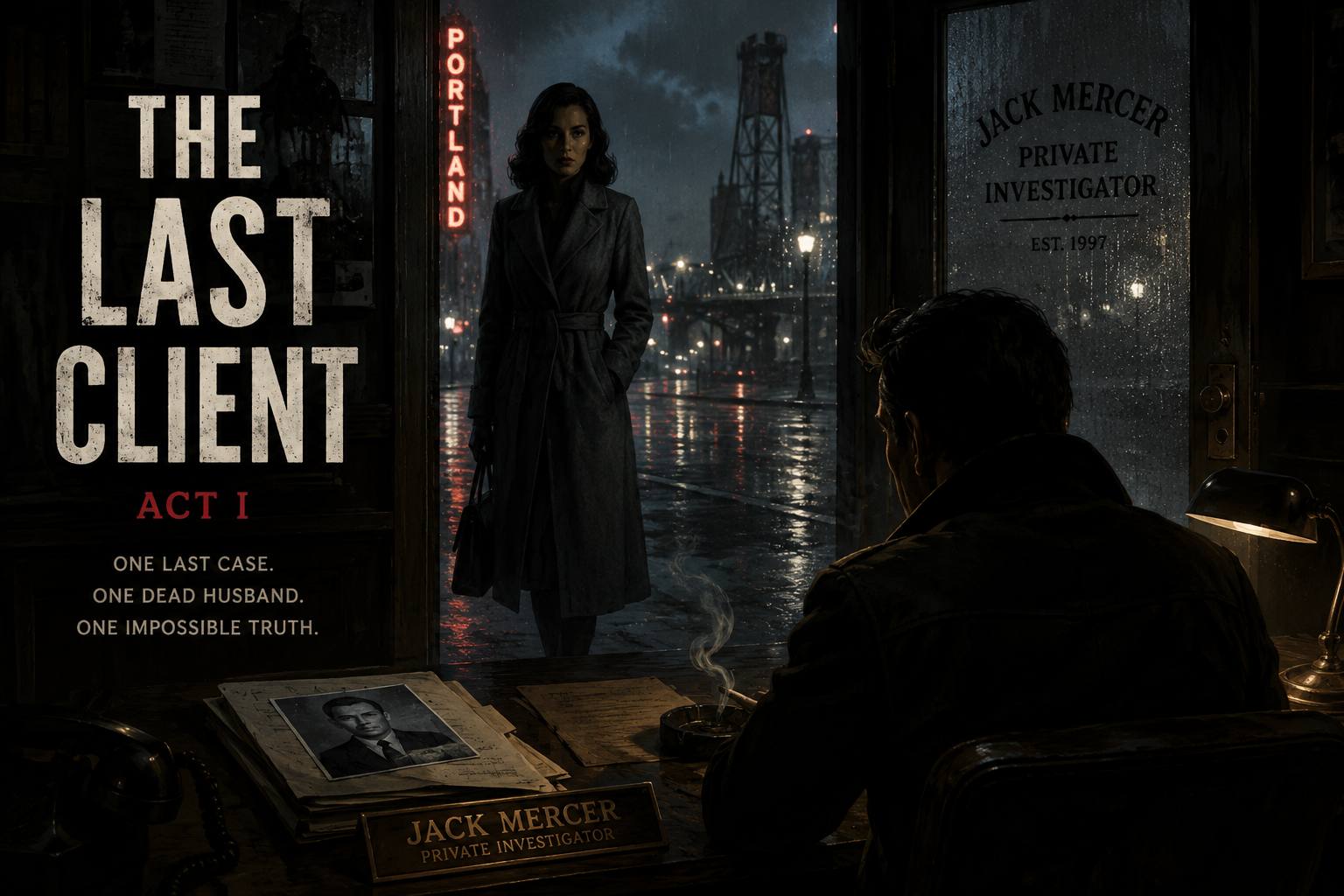 Noir detective office at night; a woman in a trench coat stands in the rain outside as a detective sits at a desk with a cigarette and documents. A neon Portland sign glows nearby.