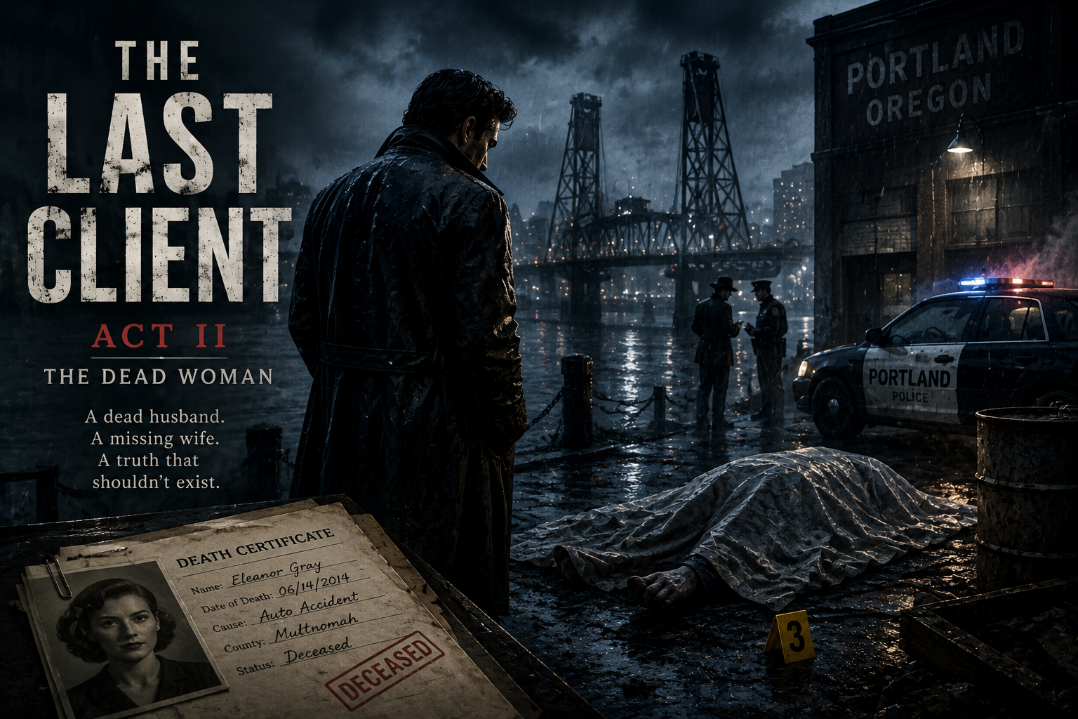 Movie poster for The Last Client: Act II, showing a man in a trench coat at a rainy dock with a body covered by a sheet and a Portland police car in the background.