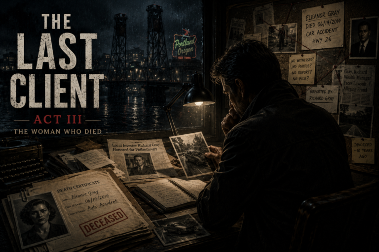 Poster art for The Last Client: Act III — The Woman Who Died, showing a man at a dimly lit desk examining photos and crime clippings.