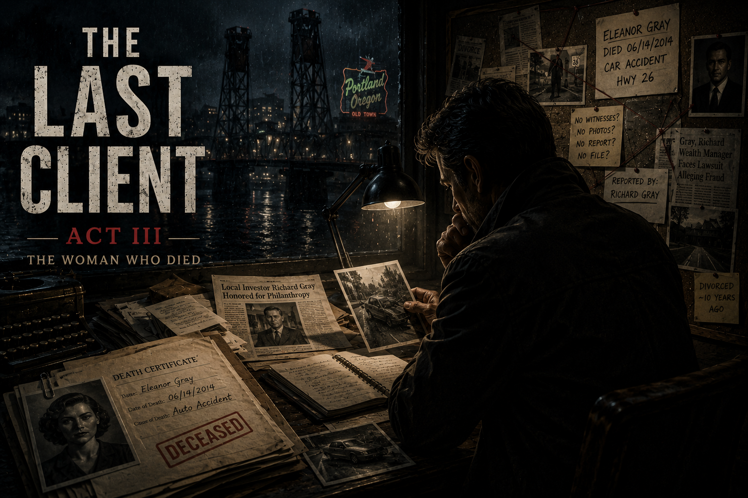Poster art for The Last Client: Act III — The Woman Who Died, showing a man at a dimly lit desk examining photos and crime clippings.