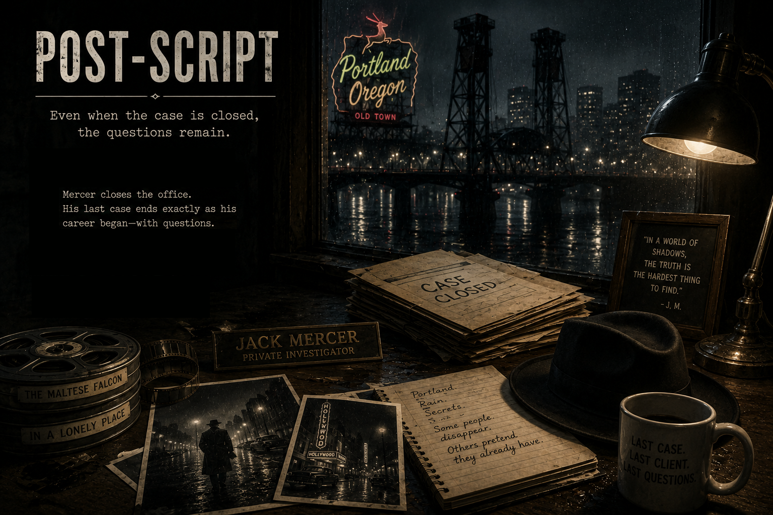 Moody detective desk scene with 'CASE CLOSED' folders, photos, a fedora, film reel, and a mug reading 'LAST CASE. LAST CLIENT. LAST QUESTIONS.' overlooking a rainy city skyline.