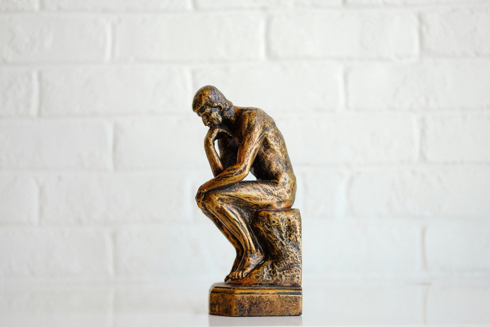 Bronze sculpture of a seated thinker with elbows on knees against a white brick wall backdrop. Non-zoomed shot shows weathered patina on the statue's surface.