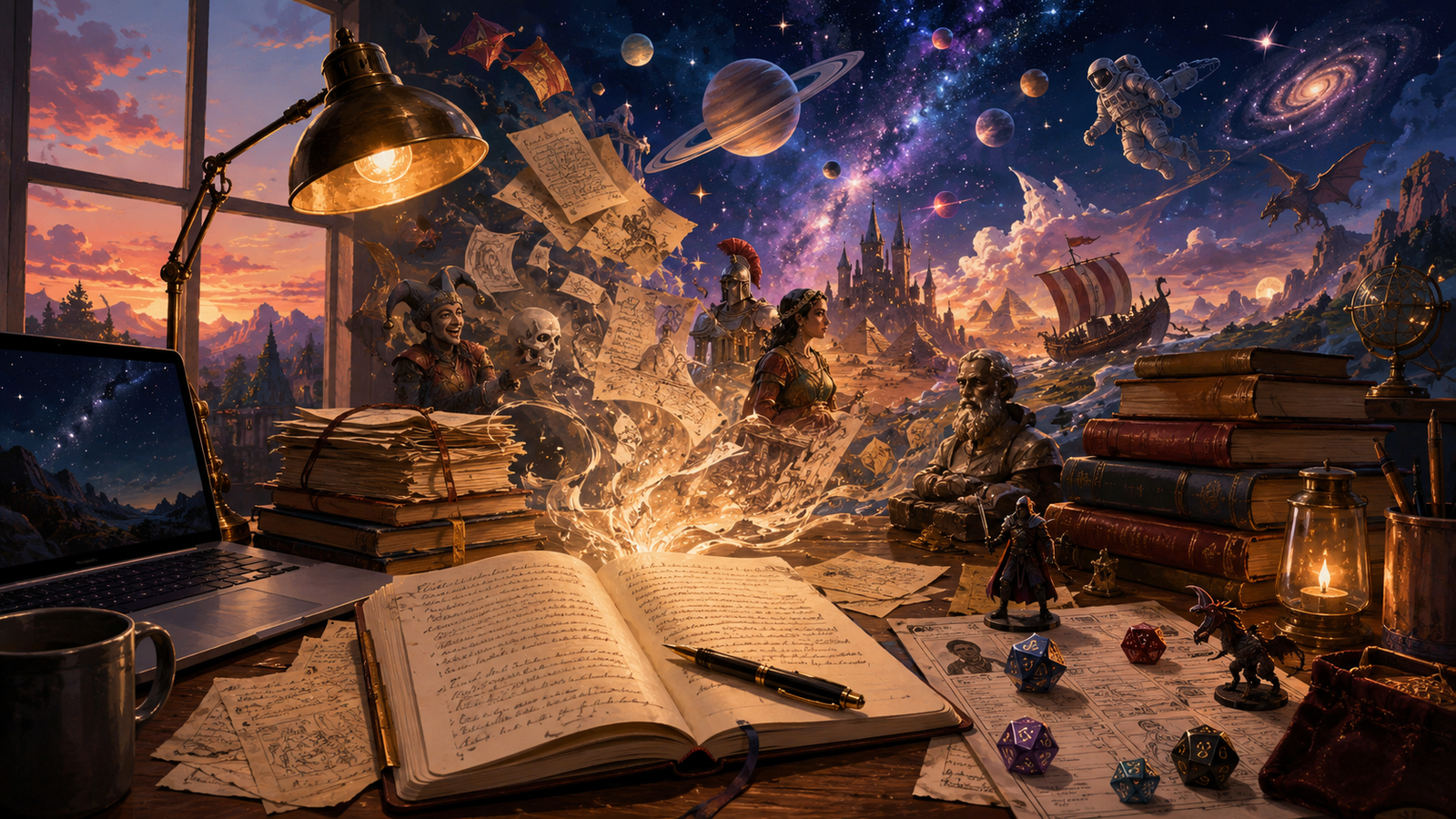 Open fantasy tome on a cluttered desk, from which knights, dragons, a ship, and planets burst into a magical scene.