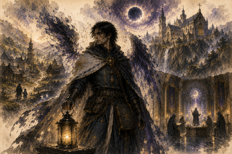 Dark-cloaked man with a lantern stands before a gothic city and cathedral, wings spread behind him under a cloudy moonlit sky.