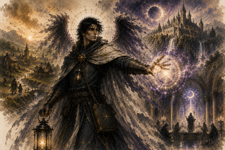 Winged fantasy sorcerer in a dark cloak raises a glowing magical circle, lantern in hand, overlooking a castle and moonlit valley.