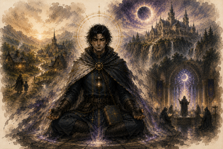 Dark-cloaked mage sits cross-legged in a glowing ritual circle, with a distant castle and village behind.