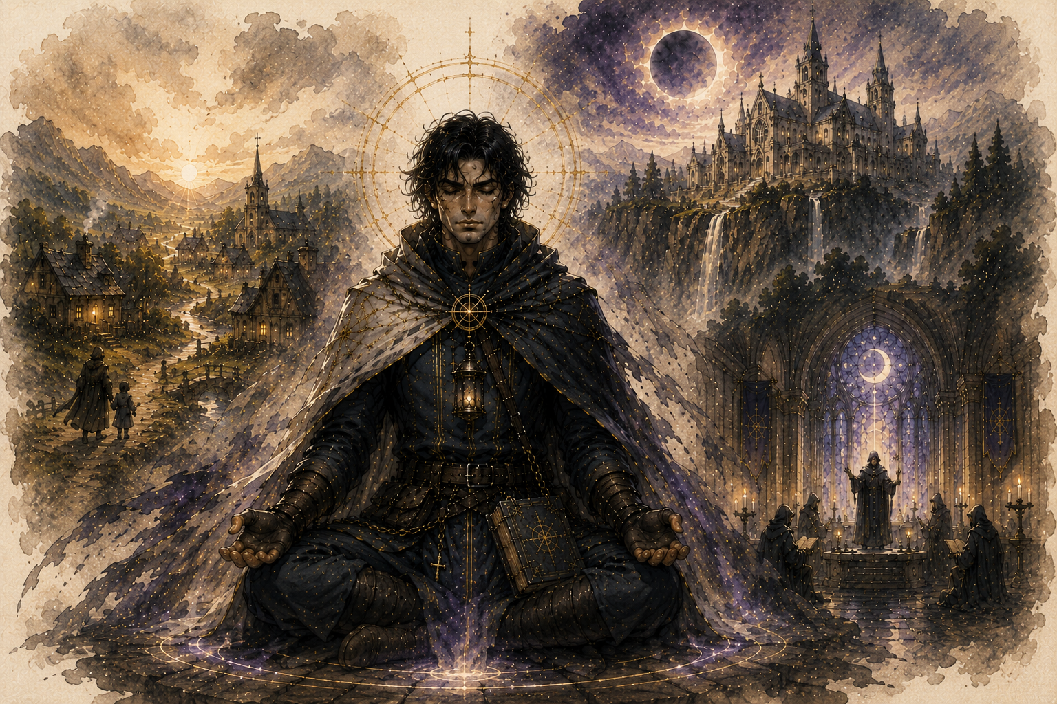 Dark-cloaked mage sits cross-legged in a glowing ritual circle, with a distant castle and village behind.