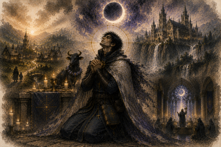 A robed knight kneels in prayer before an altar adorned with candles, a blue cape flowing, a black bull statue beside him, under a night sky with a solar eclipse and a distant gothic castle atop a waterfall-filled landscape.