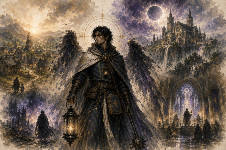Winged armored knight holds a lantern in a dark fantasy city, with a Gothic cathedral and moonlit sky behind.