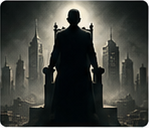 Silhouetted caped figure on a rooftop flanked by two smaller silhouettes, overlooking a moody city skyline of tall buildings.