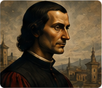 Side profile portrait of a man with dark wavy hair wearing 17th-century clothing, with a town featuring church domes in the background.