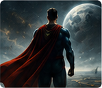 Superhero in a blue suit and red cape stands on a rocky shore, gazing at a large planet in space ahead of him.