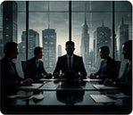 Group of professionals in a boardroom having a meeting around a long table with a city skyline visible through windows in the background, suited and focused on discussion.