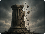 Crumbling ancient column shattered with flying debris against a stormy, dark sky.