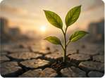 Small green seedling growing from cracked dry soil with a blurred urban skyline at sunrise in the background.