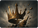 Golden crown breaking apart into flying shards against a dark, stormy background.