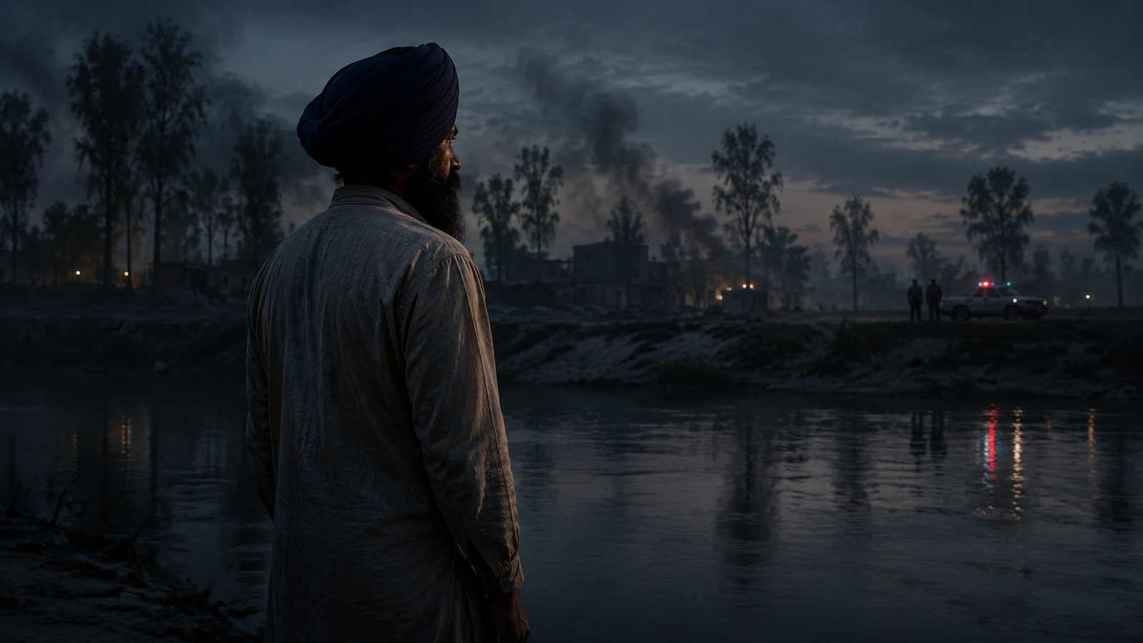 Man wearing a blue turban stands by a dark river at dusk, with smoke and distant buildings behind him and a police car with flashing lights in the distance.