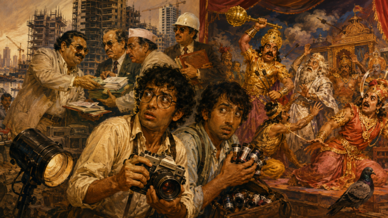 A crowded collage showing reporters with cameras and bundles of cash, businessmen, and a dramatic mythological battle on a stage, with a pigeon in the foreground.