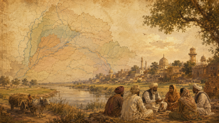 Six Indians in traditional dress sit in a circle by a river, with ancient city ruins and a faded map on the left side.