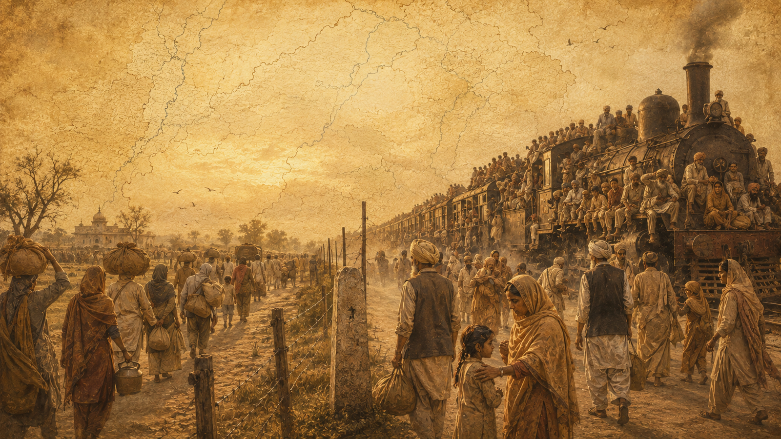 Crowded sepia-toned steam train with passengers perched on top as a large crowd walks along a dusty rural track.