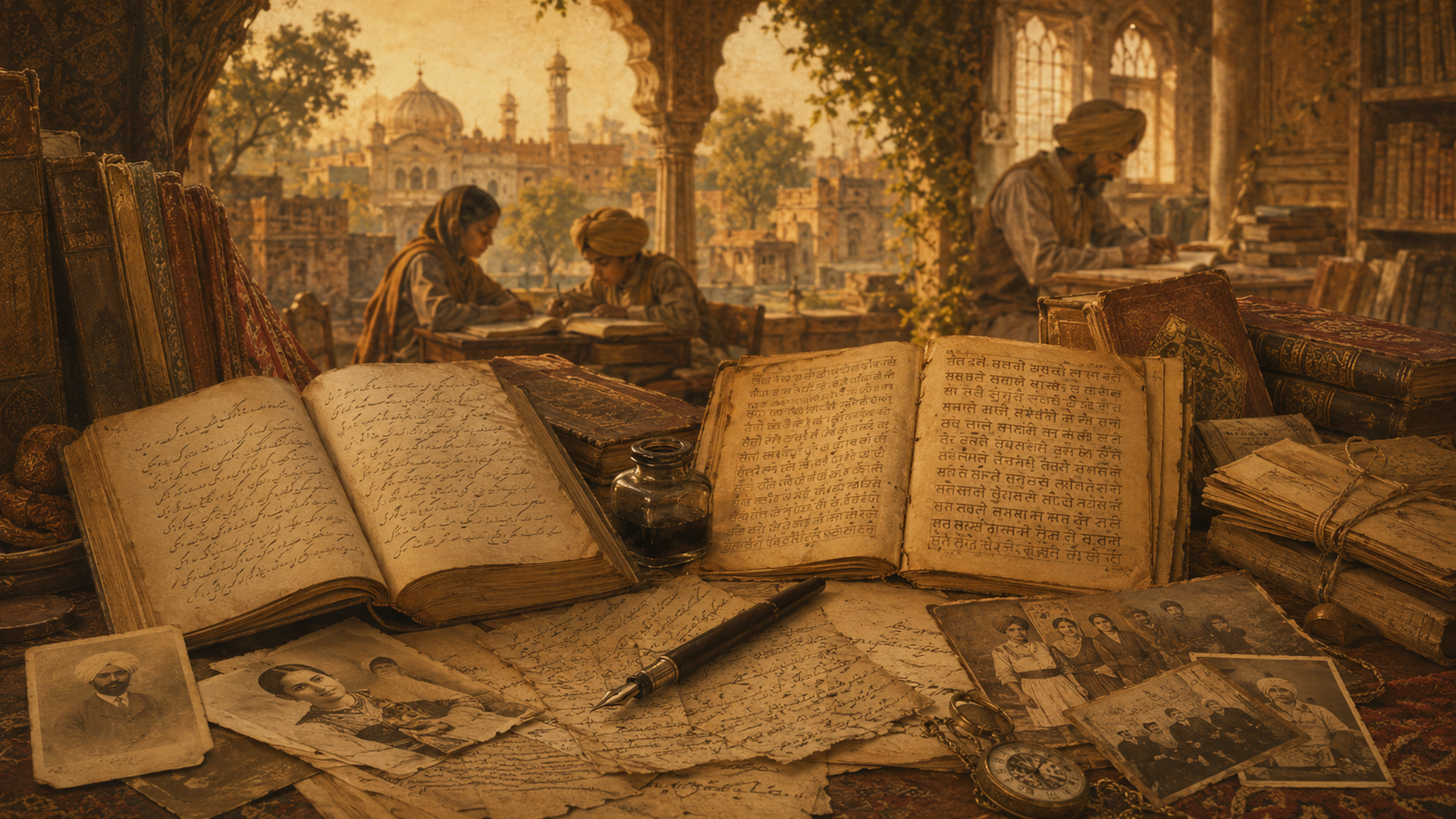 Open ancient manuscripts, ink bottle, and old photos on a cluttered desk; in the background two people study at a stone veranda under arched columns.