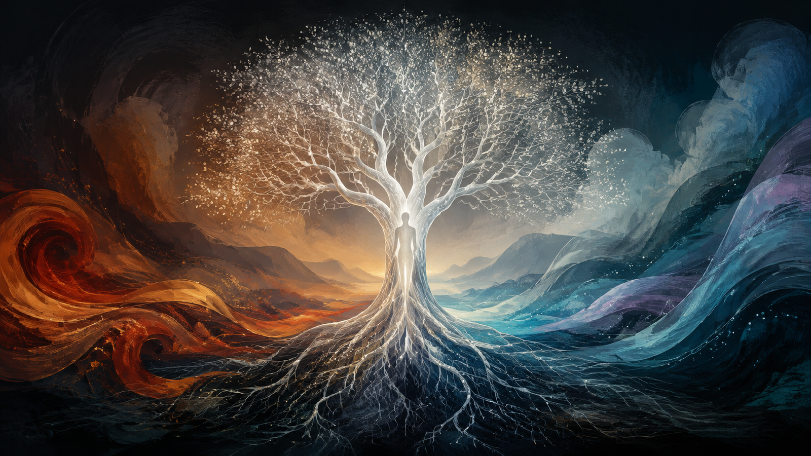 Silhouetted figure stands inside a glowing white tree at the center, with fiery orange swirls on the left and cool blue waves on the right.
